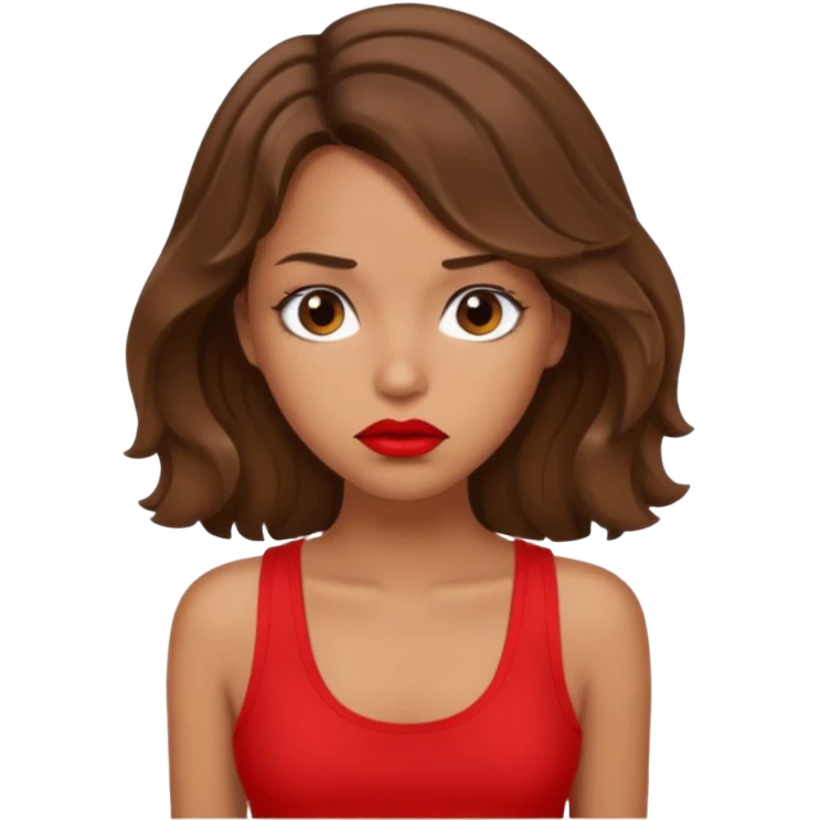 generate a pretty tan bratz girl with brown wavy hair long wearing a red tank top, red lipstick. Looking sad emoji