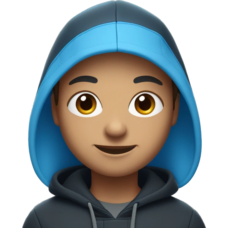 A digital 3D emoji-like face with brown hair, a small mole under the right eye, wearing white earbuds, and smiling. The character is wearing a dark blue hoodie and a black Nike crossbody bag. The background is a gradient light blue. emoji