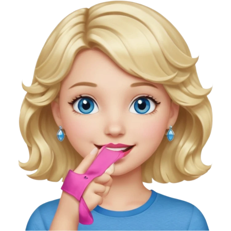 Girl Blonde short wavy hair,  blue eyes, cute blue top, long lashes, pink lips, smiling, hand over the mouth emoji