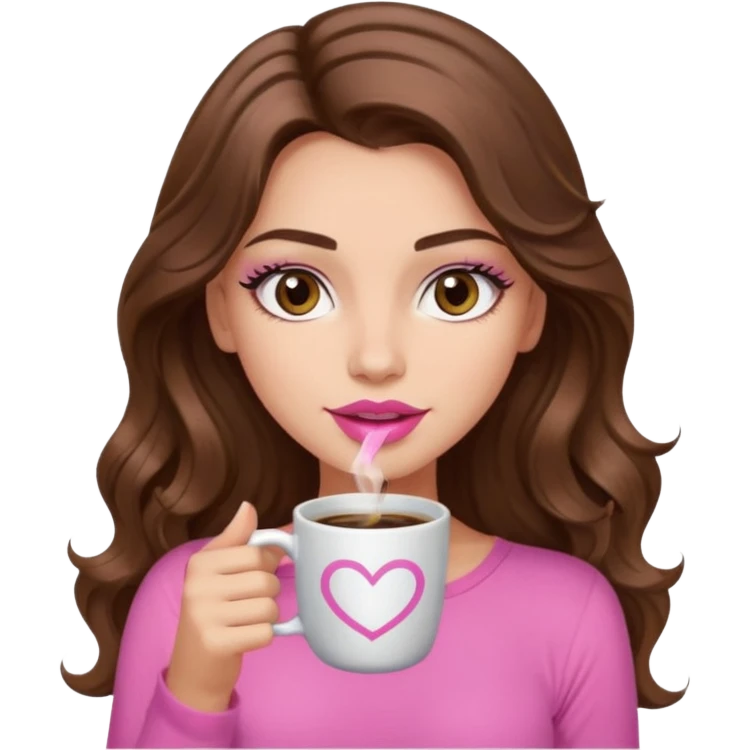 girl with long wavy brown hair, brown eyes, long lashes,sexy pink lips, light to medium complexion, pink sexy top, with a coffee mug emoji