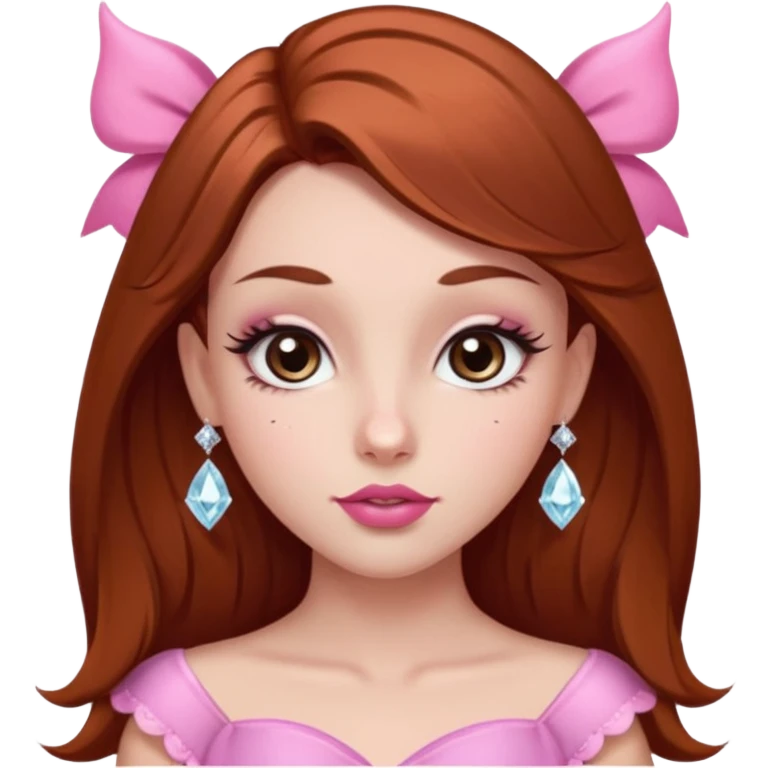 girl with fair skin, long straight reddish brown hair, big brown almond eyes, long eyelashes, thick dark eyebrows, straight nose, full pink lips with cupids bow, diamond face shape, clean girl aesthetic emoji