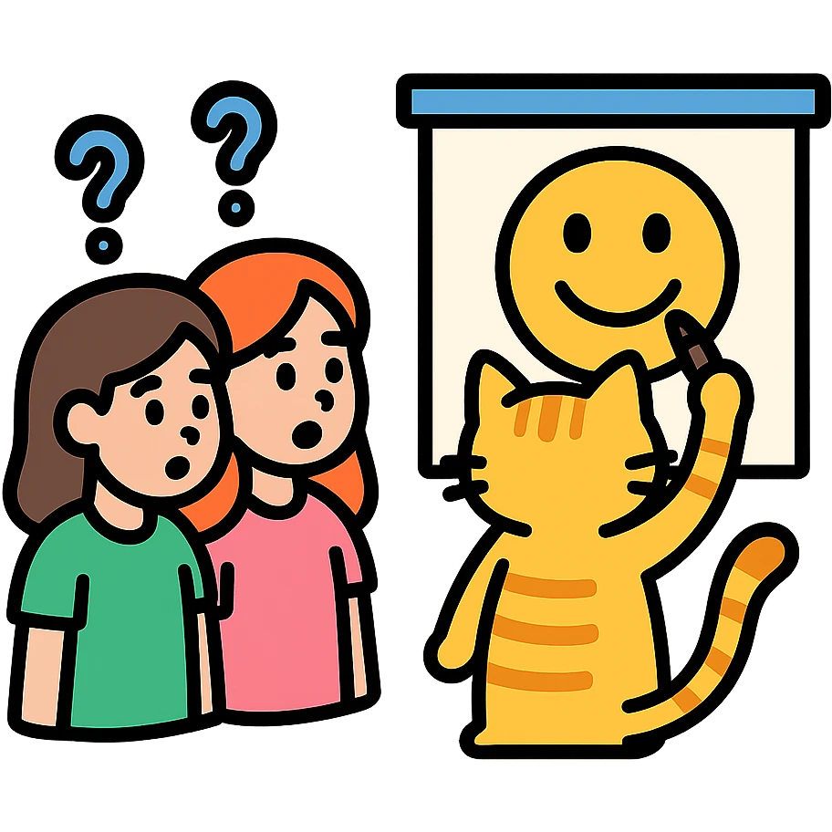 two girls guessing as a kitty draws an emoji, vibrant color icon emoji