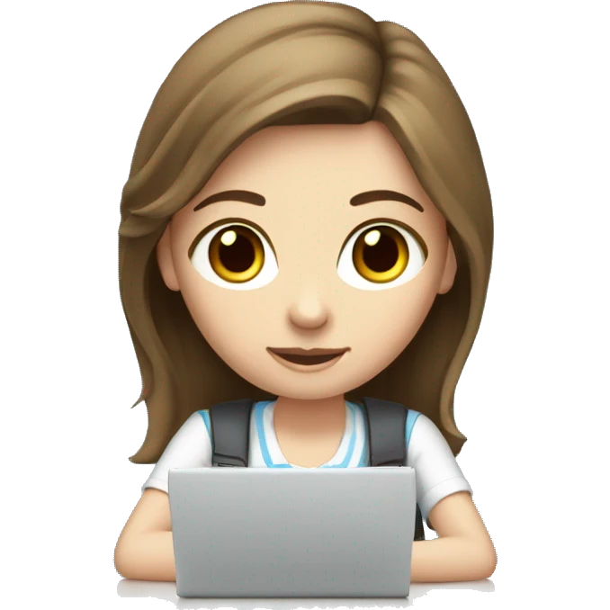 white girl studying at a white desk, brown hair, blue eyes, computer emoji