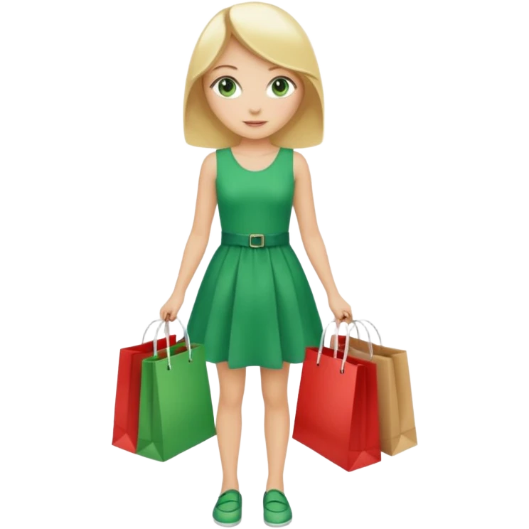 Full body blonde girl with green eyes, shopping bags emoji