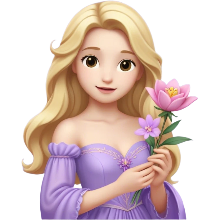 Cinematic Realistic Rapunzel Portrait, with porcelain-like skin featuring a subtle, natural glow, illuminated by soft lighting that brings out the gentle contours of her face. Her long, golden blonde hair cascades in detailed waves, each strand highlighted with a radiant shimmer as it catches the light. She playfully holds a flower in one hand, her other hand resting casually in her lap, with a warm and spirited expression. Her bright, expressive green eyes exude curiosity and warmth, framed by delicate lashes and soft, arched brows. She is dressed in her classic lavender and pink gown, the fabric textured with delicate folds that flow naturally, catching the light with a soft, radiant glow. The portrait captures a luminous, enchanting aura, seamlessly blending realism with a whimsical, fairytale charm, evoking a timeless sense of beauty and magic. emoji