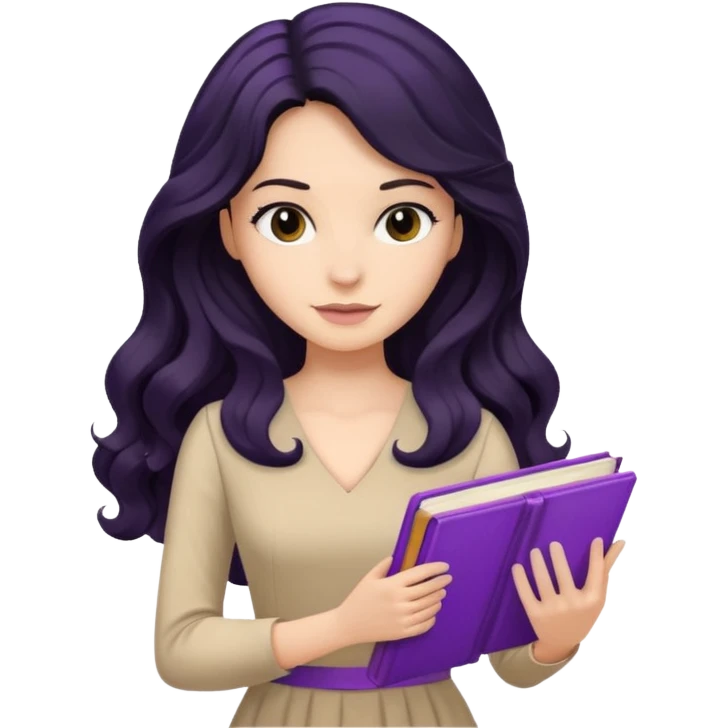 Long Hair Women with purple Book, Black wavy hair, beige dress emoji