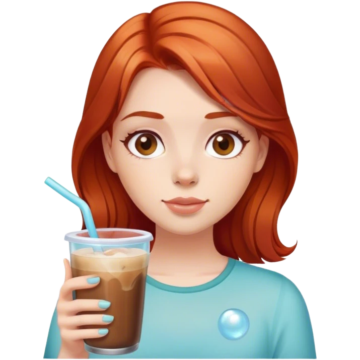 Red haired girl with brown eyes and a bubble glass of ice coffee emoji