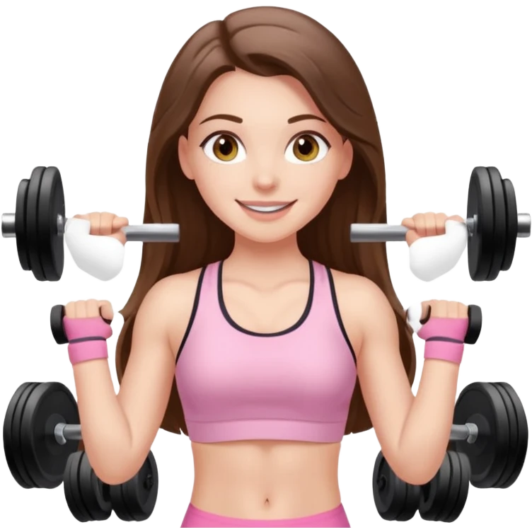 happy white long brunette hair girl with hazel eyes in light pink workout clothes at the gym emoji