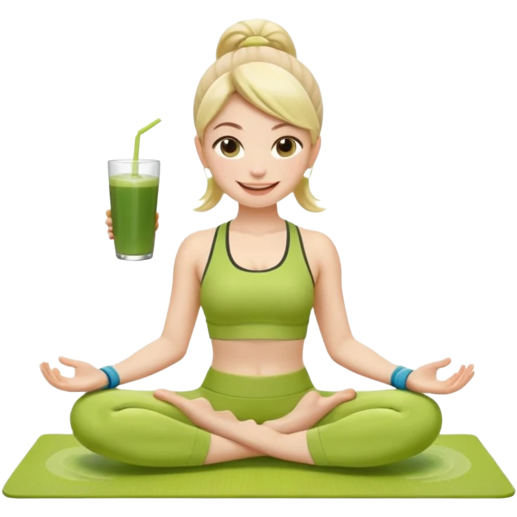Девушка-мемоджи радостно сидит на коврике для йоги, в спортивной позе, в ярком стильном спортивном комплекте. Лицо сияющее, улыбка очень довольная и счастливая, в руках яркий стакан освежающего матча-лимонада, вокруг атмосфера свежести, отдыха и комфорта. Белый фон. 2 руки и 2 ноги emoji