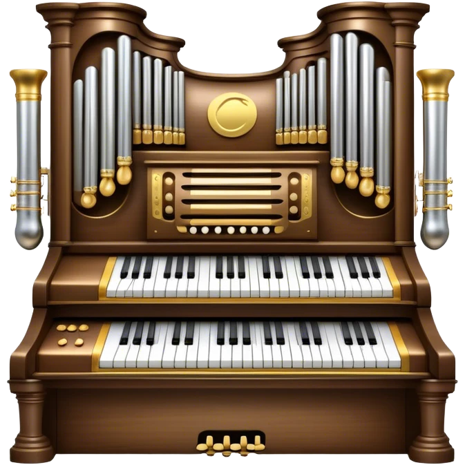 Create an elegant and majestic emoji representing a classical organ. The design should feature the grand pipes of the organ in the background, with visible details of the keys and pedalboard in the foreground. The pipes should be tall and impressive, with a mixture of gold, silver, and metallic shades to emphasize the grandeur of the instrument. The keyboard and pedals should be well-defined, capturing the intricate craftsmanship of the organ. Use dark wood tones and gold accents for the body of the instrument to give it a rich, historic feel. Add subtle musical notes around the organ to evoke its deep, resonant sound. The background should be transparent. emoji