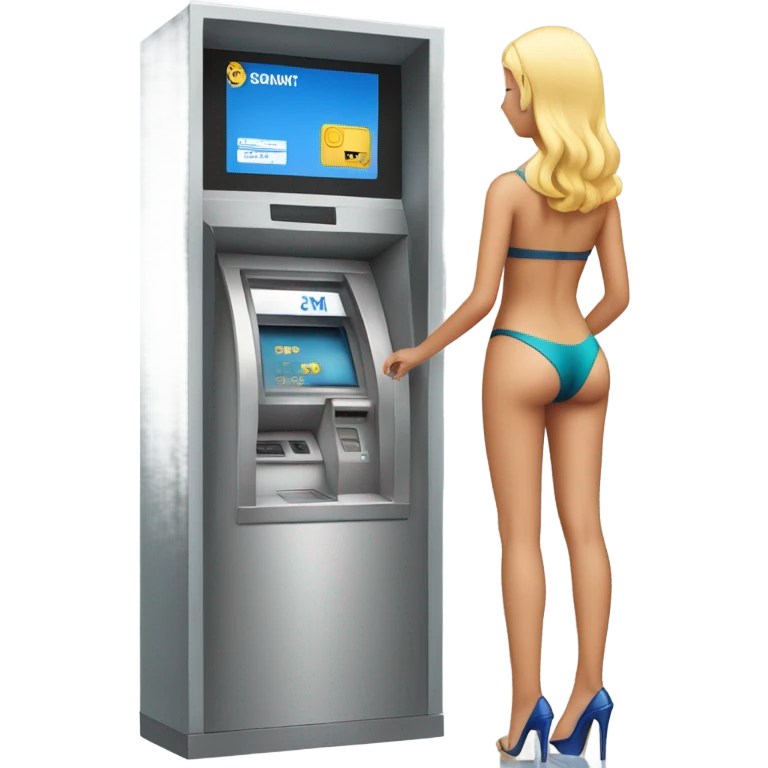 Girl in swimming suit and platform heels waiting for a man who’s using an ATM emoji
