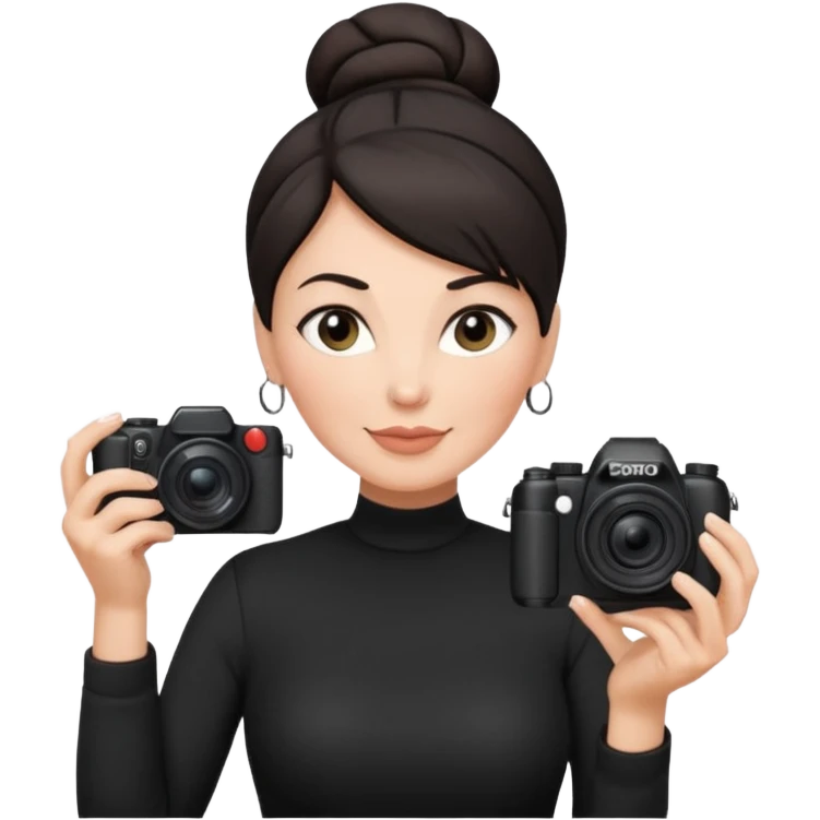 48 year old woman photographer with dark hair in a bun, wearing black clothes emoji