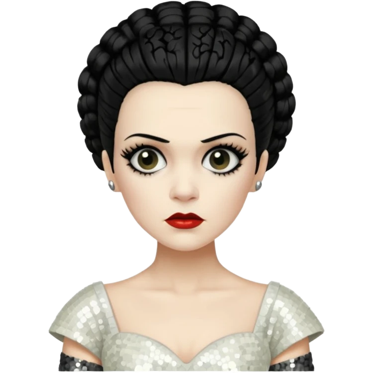 Bride of Frankenstein with black hair, ivory sequin outfit emoji