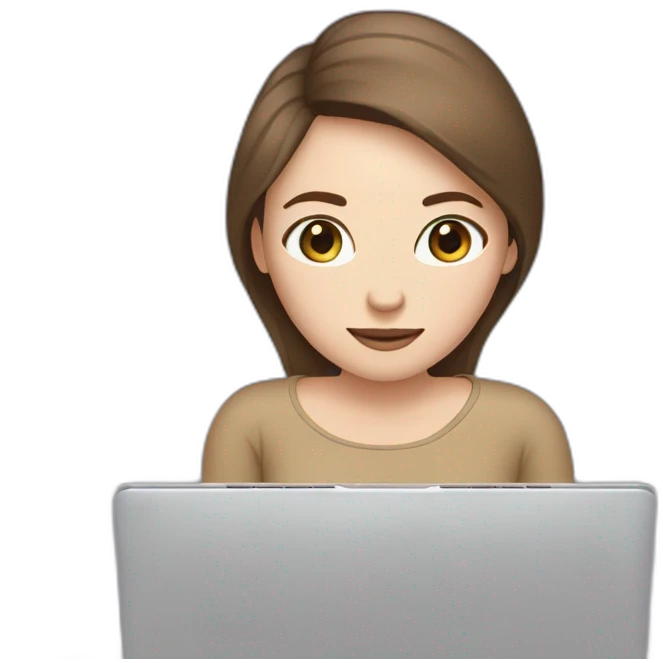 woman with pale skin and brown straight hair hiding behind a laptop with a infinity sticker on it emoji