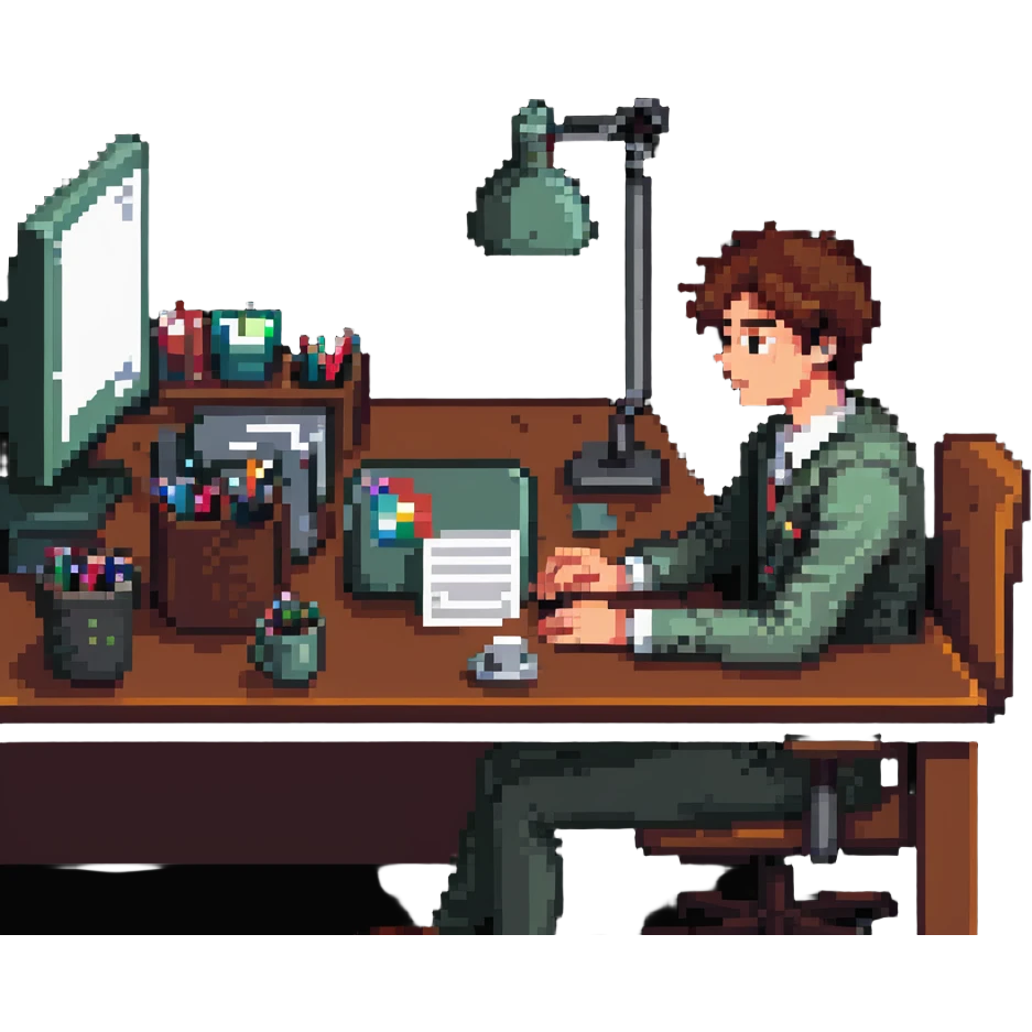 person with very sloped shoulders, avoiding eye contact, sitting at a cluttered office desk, representing not shouldering a burden emoji