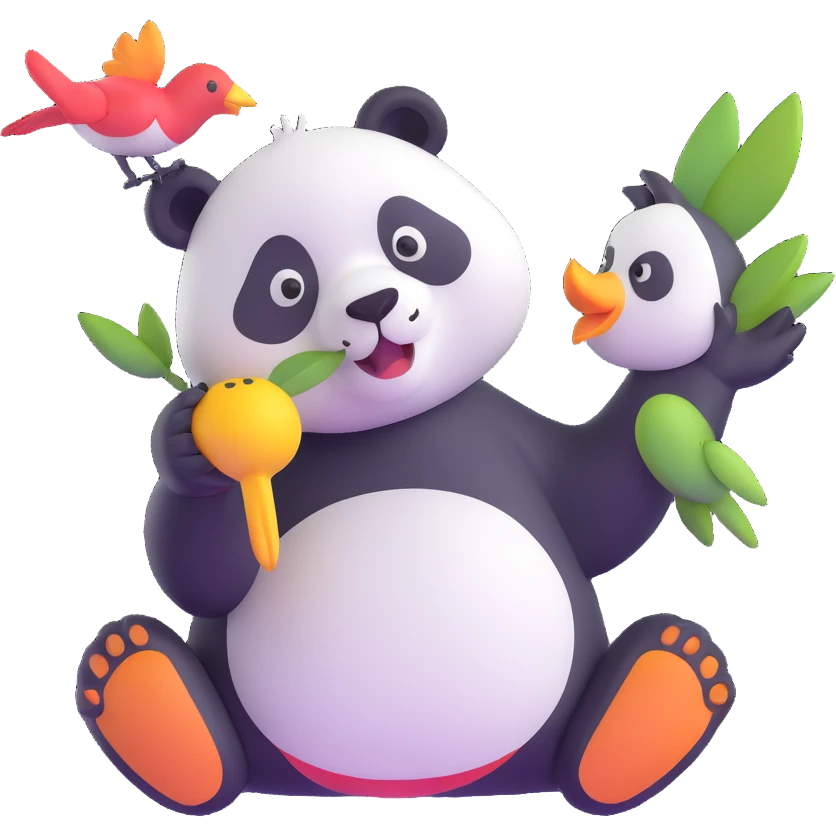 a panda gently nibbling on a bird, playful style emoji