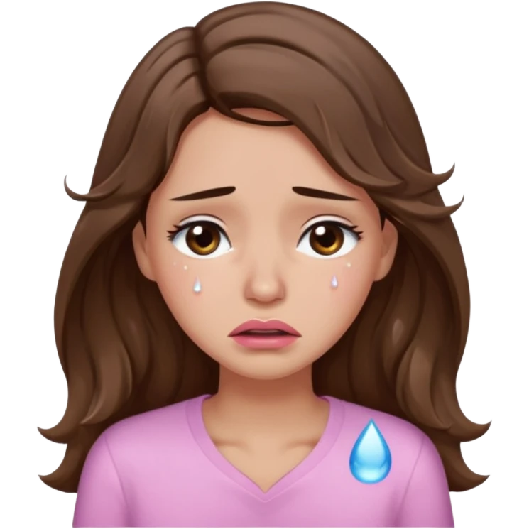 girl with wavy long brown hair, brown eyes, light to medium complexion, long lashes, light pink lipstick, wearing light pink shirt, crying big tears emoji