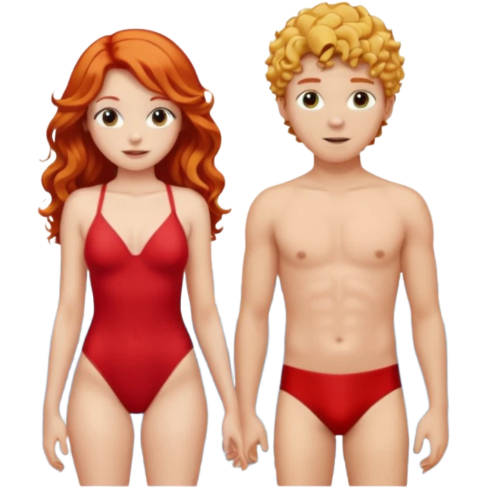 Long Straight Red hair Girl and curly blonde boy in swimsuit emoji
