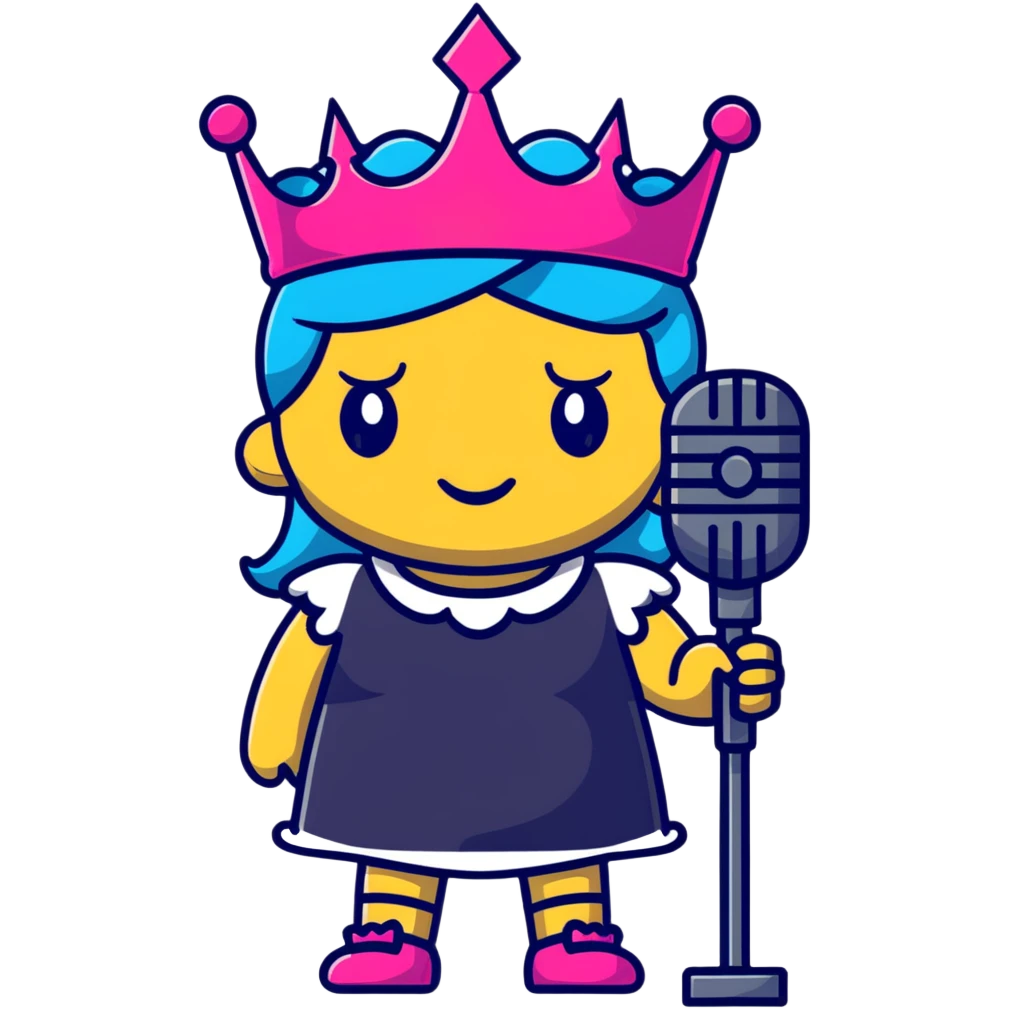 A rock and roll queen with a crown, microphone, and punk rock attitude emoji
