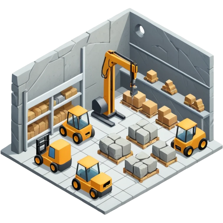 modern stonemason workshop isometric view with warehouse contianing cnc machiens and large stoneslabs, forklifts, no vehicles no robots emoji