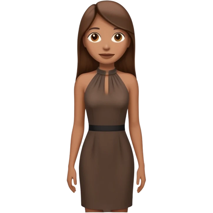 emoji-style illustration of a stylish woman with long straight brown hair, wearing a dark halter neck dress, elegant and minimalistic look, front-facing, soft 3D cartoon rendering, plain background emoji
