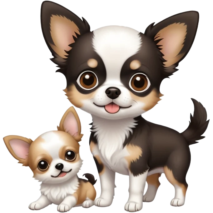 A black Chihuahua with a white puppy with brown spots mixed with Chihuahua and shih-tzu￼￼ emoji