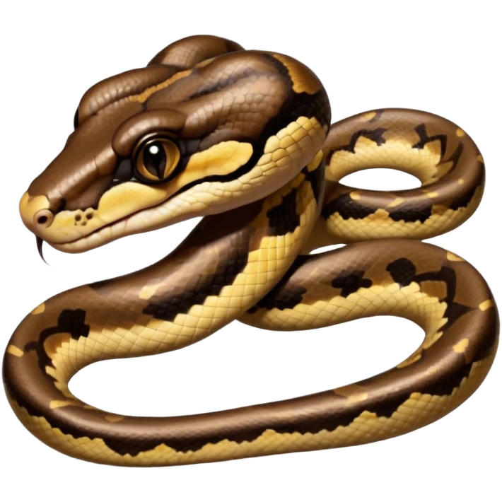 A photo-realistic digital illustration of a Ball Python, large headshot portrait. The snake has a short, rounded snout, smooth contours, and a calm, curious expression. Its head is warm brown with bold, irregular dark markings, including the signature “alien-head” pattern.  emoji