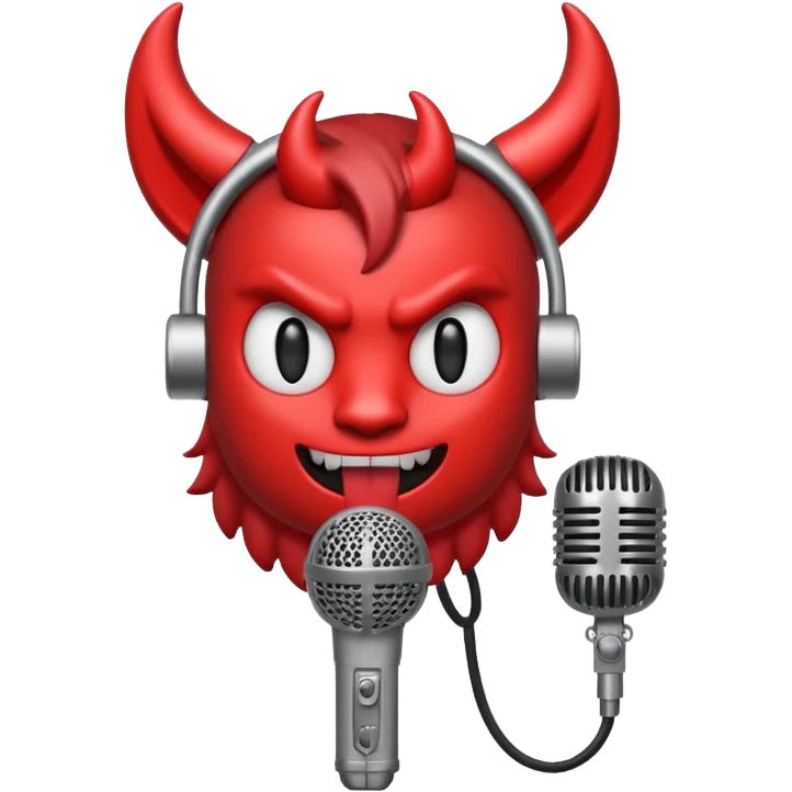 Minimalist emoji-style sticker of a classic retro microphone with small devil horns and a subtle tail wrapping the base. Grayscale with slight red accents.
 emoji