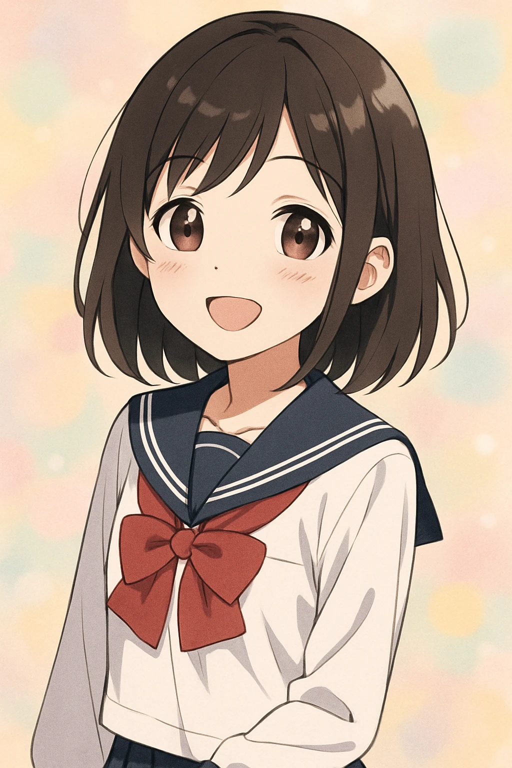 cute Japanese girl, anime style, school uniform, smiling, pastel background emoji