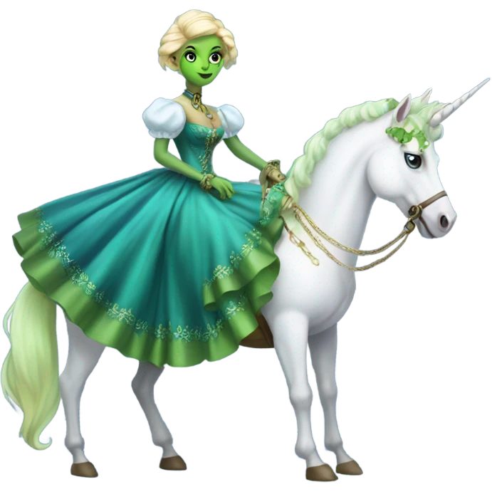 "galora green blonde alien woman" in blue Victorian dress elegant, full body, on unicorn white emoji