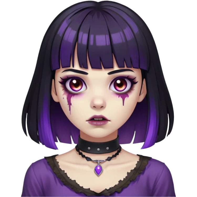 zombie with black hair and bangs and purple highlights brown eyes and a choker around her neck and a black blouse emoji