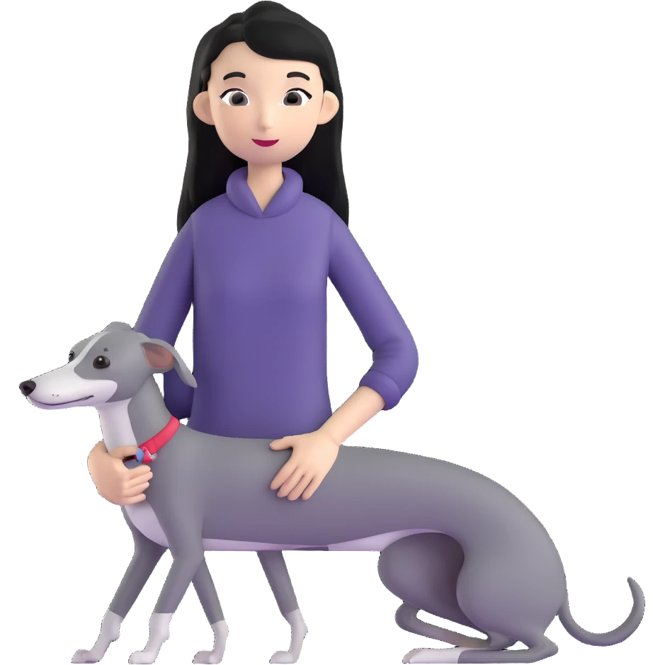 Slim Chinese girl with long black hair holding all grey Italian greyhound emoji