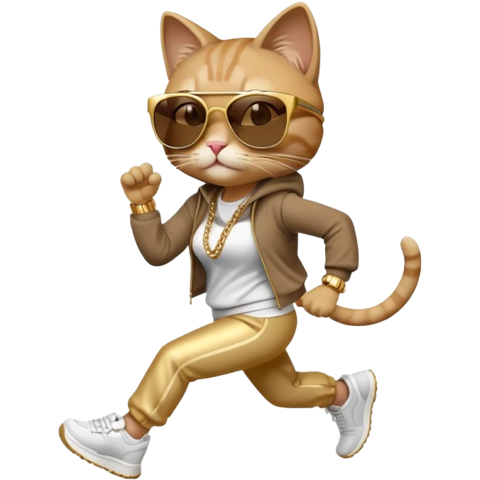 friendly anthropomorphised female cat in hip-hop Run DMC clothing, dark sunglasses, gold chains, jogging upright emoji