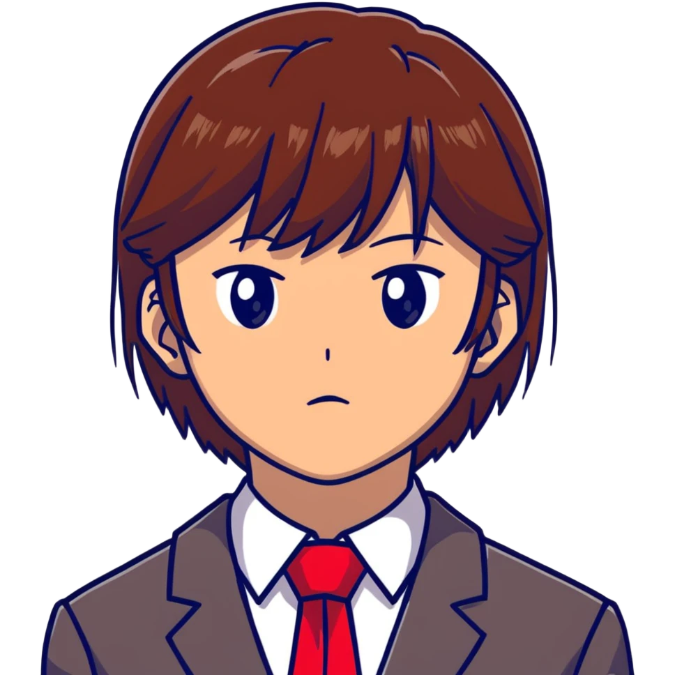 Kiyotaka Ayanokoji from Classroom of the Elite, calm emotionless eyes, medium-length straight brown hair with bangs, serious neutral expression, school uniform with red blazer and tie, face close-up emoji