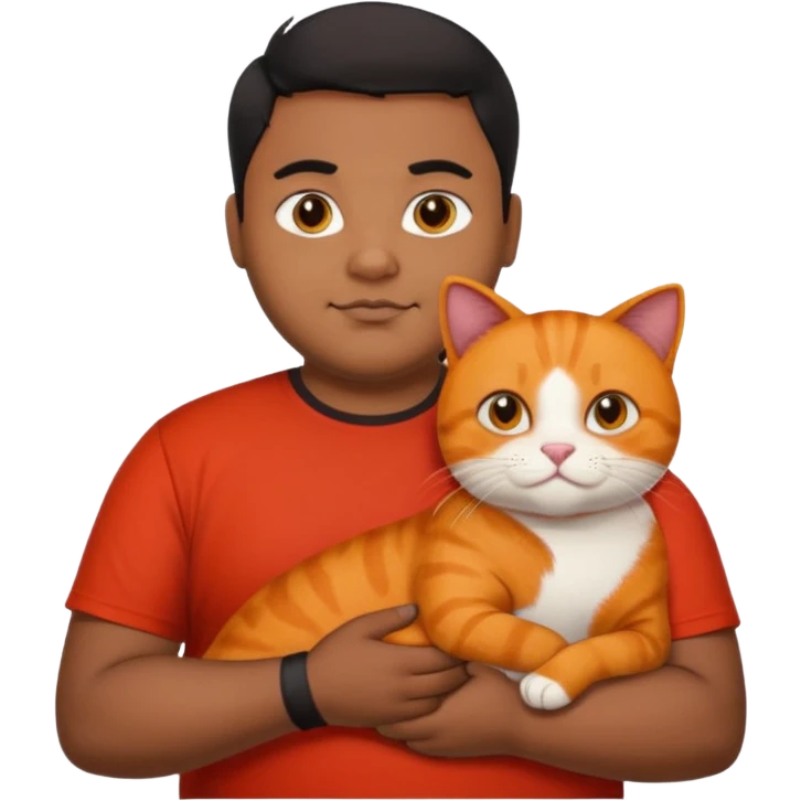 Indian black chubby guy with black middle parted hair in red t-shit with orange cat, age-24 emoji