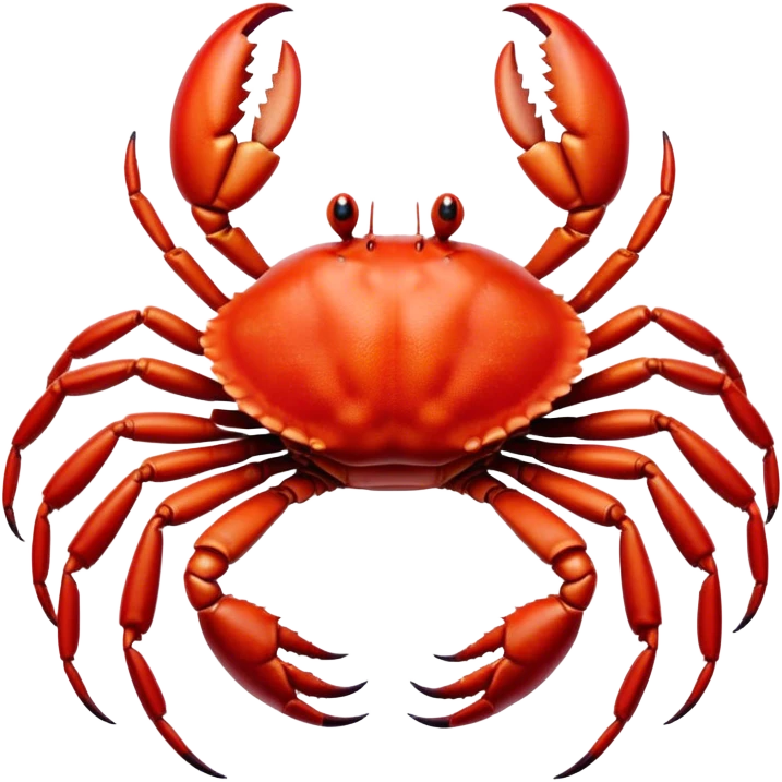 Cinematic Realistic Noble Crab Portrait Emoji, Poised and commanding, with a robust, angular build and a vividly red, textured exoskeleton naturally forming a distinctive face with expressive eyes, rendered in lifelike detail with realistic sandy accents, high shine, intelligent and resolute, styled with an air of coastal authority, focused and attentive, soft glowing outline, capturing the essence of a watchful and confident crab that appears ready to scuttle out of the screen with effortless power! emoji