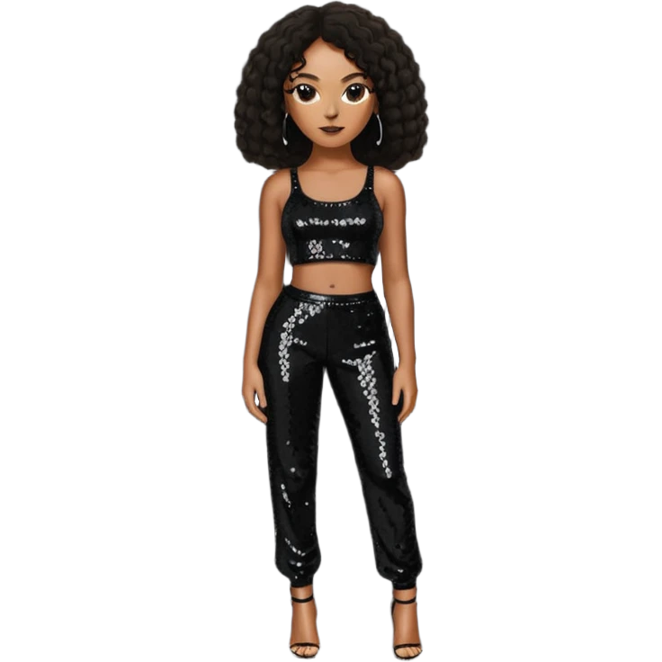 Solange with long dark brown hair, black sequin crop top, black sequin pants emoji