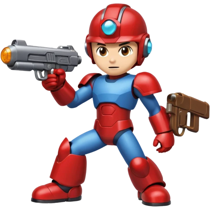 mega man but with the color rootbeer brown shiny like metal with arms for guns and a dark shiney red healmet emoji