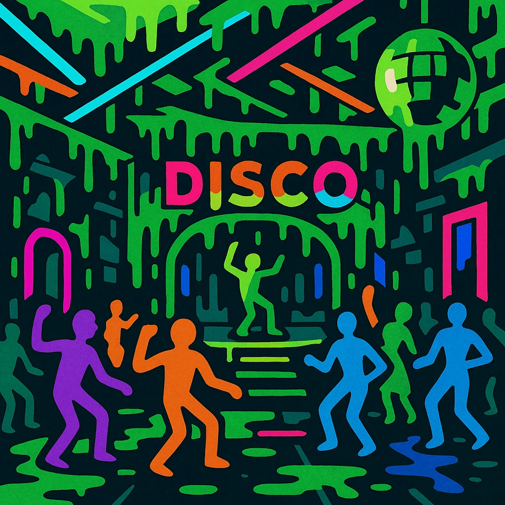 a vibrant toon style dance hall covered in slime, neon lights, and dancing figures emoji