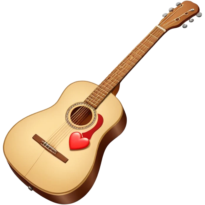 “Flat vector icon of a Cuban tres guitar in three-quarter view, warm brown, thick outline, centered on a warm cream or beige rounded-square (or circle); near the soundboard add a small red or pink heart with a soft glow and 2–3 tiny sparkles to suggest ‘soul’.  emoji