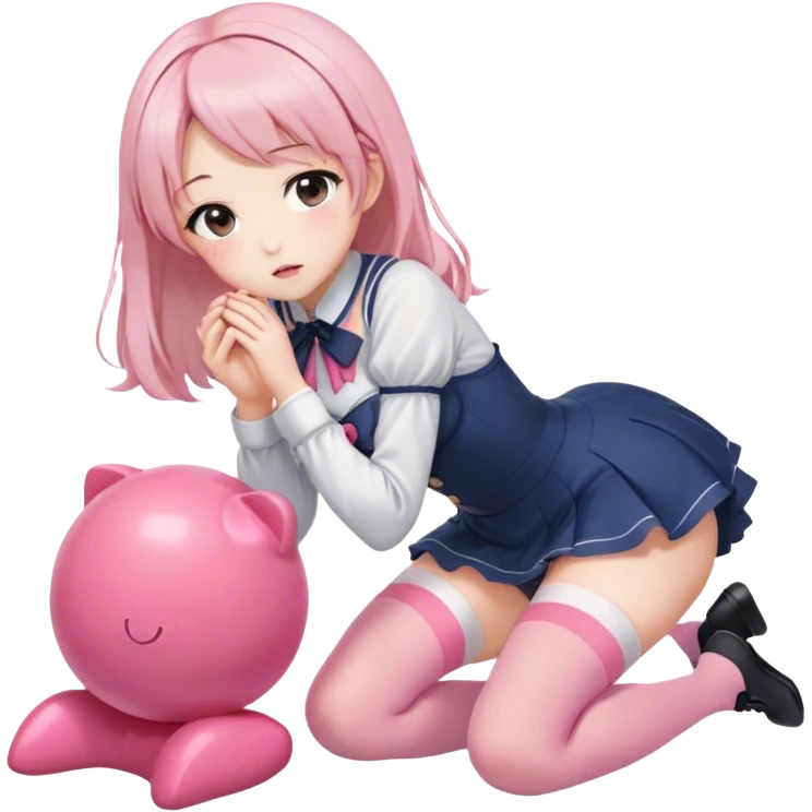 Anime girl in thigh-high stockings, kneeling on the floor while gently kissing a pink object she holds in both hands. Her expression is soft and affectionate, with a slight blush on her cheeks. well-proportioned legs for a polished look emoji