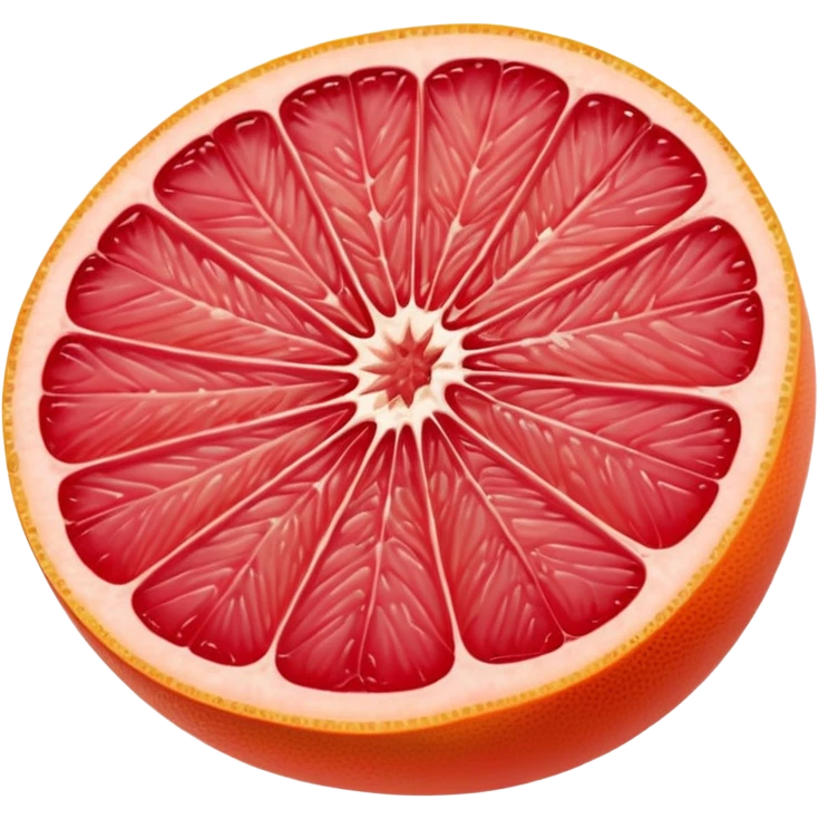whole pink grapefruit with glossy orange-pink peel, thick wedge slice, juicy red-pink segments, moist translucent interior, clean defined segments, no leaves, no juice, no background, soft lighting, emoji scale emoji