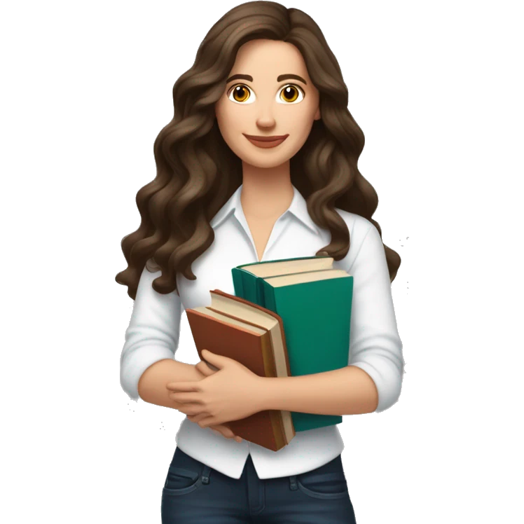 white woman brunette long wavy hair highlights woman while holding large stack of books emoji