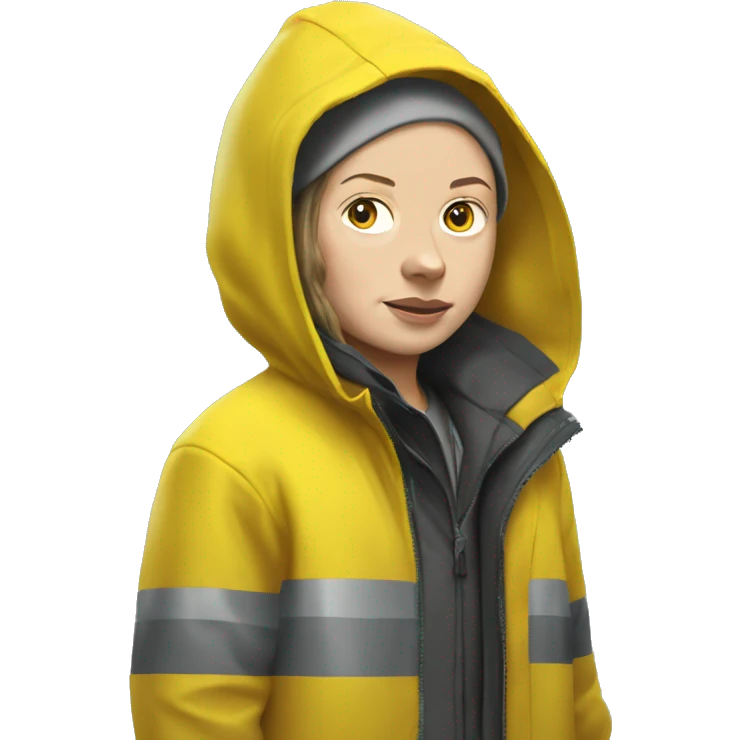 Greta Thunberg with a yellow raincoat ,grey beenie with a sign emoji