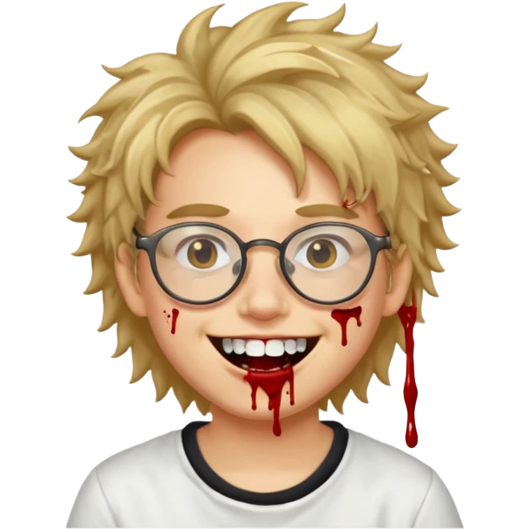 Cabelo bagunçado com oculos sorrindo com metade do rosto com dente de ouro e saindo sangue da boca  emoji