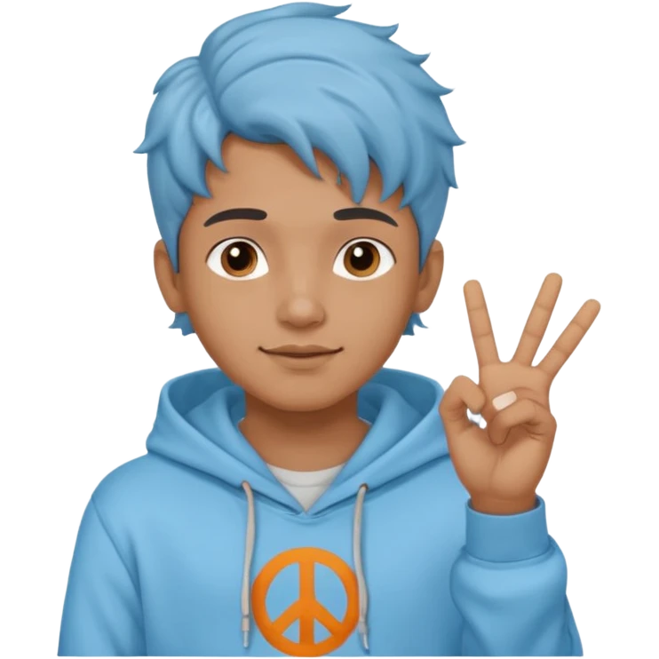 An indian boy in a light blue hoodie with wavy flow hairstyle showing peace sign emoji