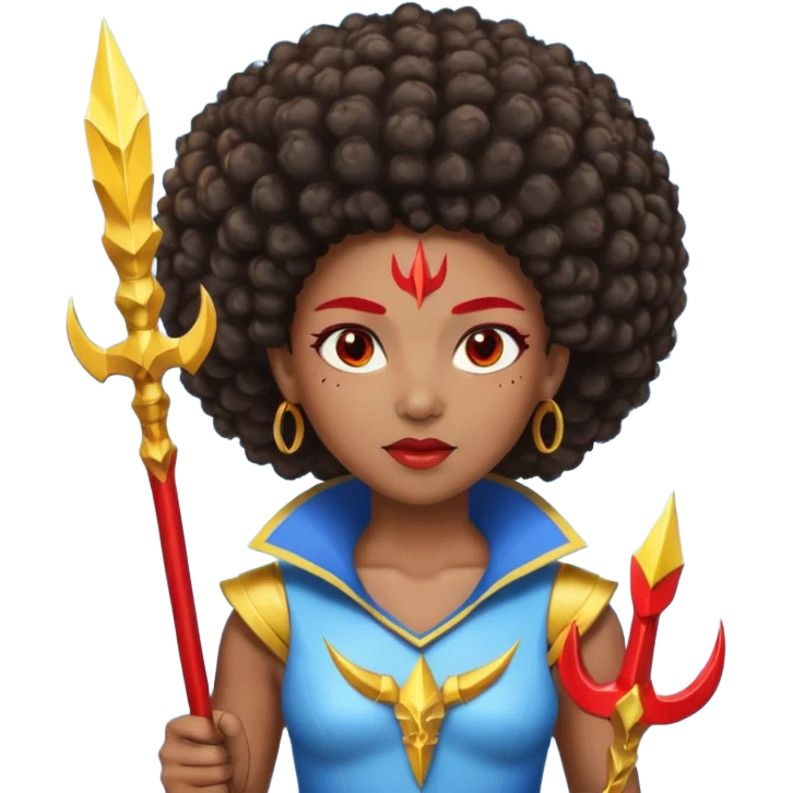 Emoji metisse femboy mais plus masculin avec drapeau ukrainien arriere plan, un afro, sourcils rouge, fourche trident, et eclairs et sur fond bleu clair irrisé. emoji