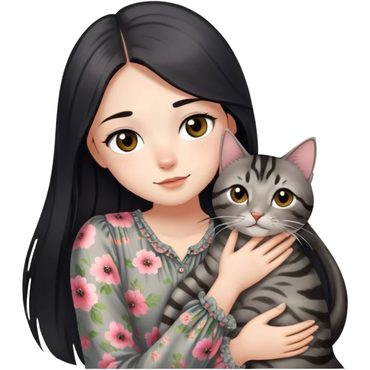A girl who has shiny silk black straight long hair wearing a flowy floral blouse, she has black eyes too, and is hugging a grayish-brown tabby cat  emoji