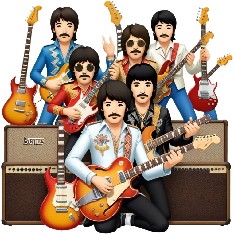 Rock music icon: dynamic collage of global rock legends like The Beatles, Jimi Hendrix, Elvis Presley, Led Zeppelin, Queen, and Nirvana, surrounded by guitars, amplifiers, and stage lights. Symbolizing the energy and power of rock music. Transparent background. emoji
