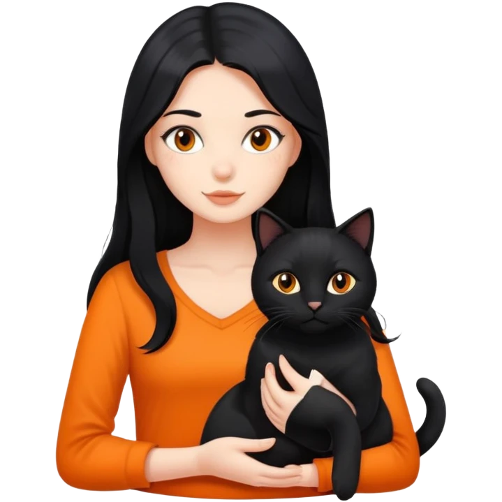 A girl with long black hair is holding a black cat, an orange cat, and a black cat emoji